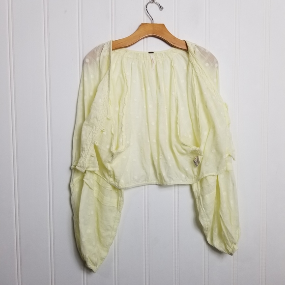 Free People Ballon Sleeve Crop Top Womens Yellow Button V Neck Longsleeve - Picture 12 of 15